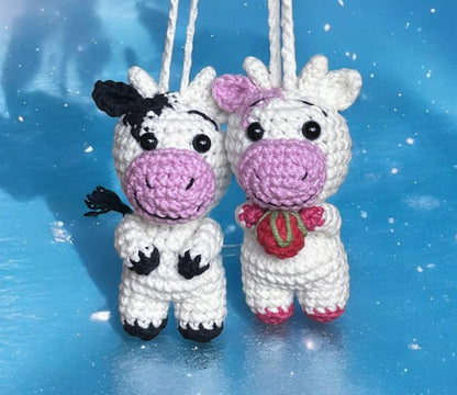 Crocheted Strawberry Cow Car Charm, Rearview Mirror Hanger, Handmade Moo Moo Decor