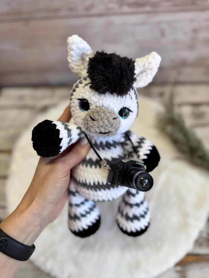 Crochet Zebra Decor, Handmade Zebra Keepsake with Camera, African Safari Decor, Wildlife Collectible, Zebra Lover Gift