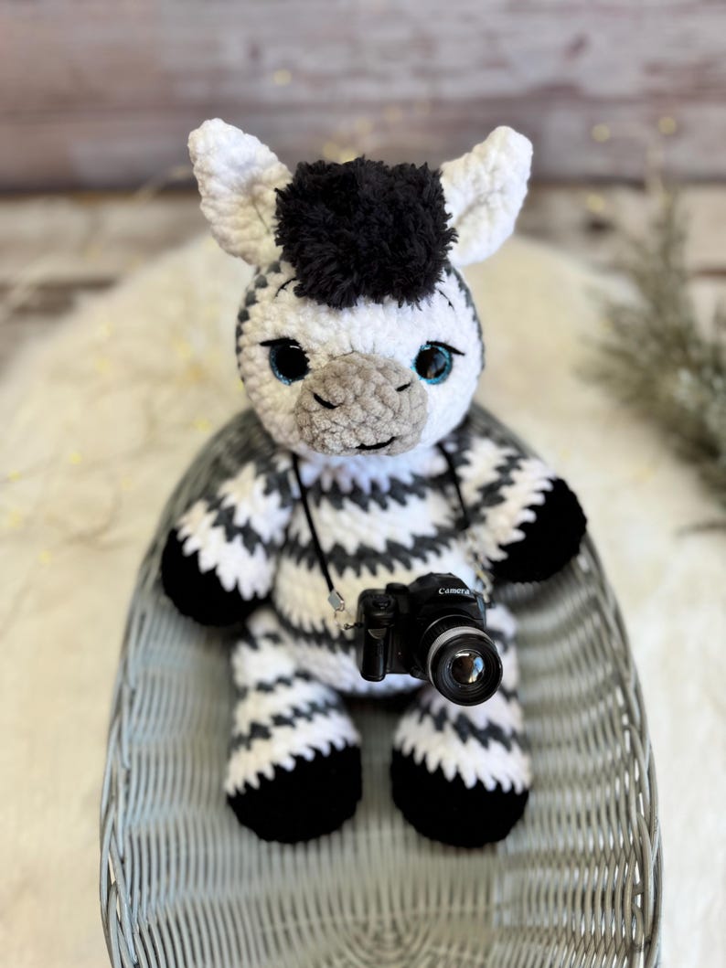 Crochet Zebra Decor, Handmade Zebra Keepsake with Camera, African Safari Decor, Wildlife Collectible, Zebra Lover Gift