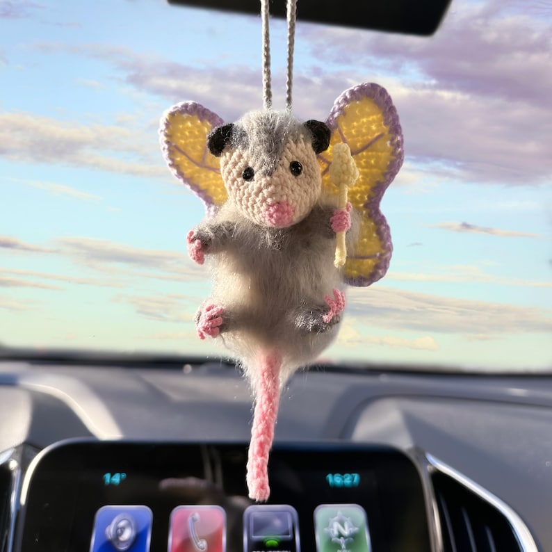 Fairy Possum RearView Mirror Accessory Car Mirror Hanger, Cute Car Accessory for Women Teens, Crochet Opossum Car Charm, Funny Car Decor Toy