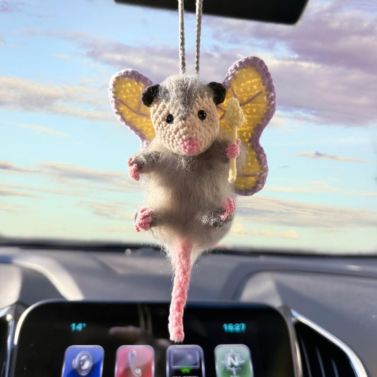 Fairy Possum RearView Mirror Accessory Car Mirror Hanger, Cute Car Accessory for Women Teens, Crochet Opossum Car Charm, Funny Car Decor Toy