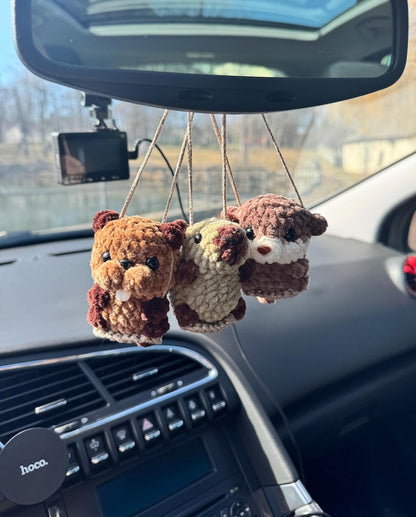 Car charms rear view mirror hanger Crochet beaver keychain bag charm, car decor accessory, first car gift