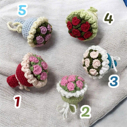 Crochet Rose Bouquet Keychain: Handmade Cotton Yarn Bag Charm