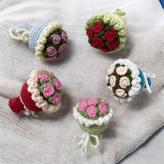 Crochet Rose Bouquet Keychain: Handmade Cotton Yarn Bag Charm