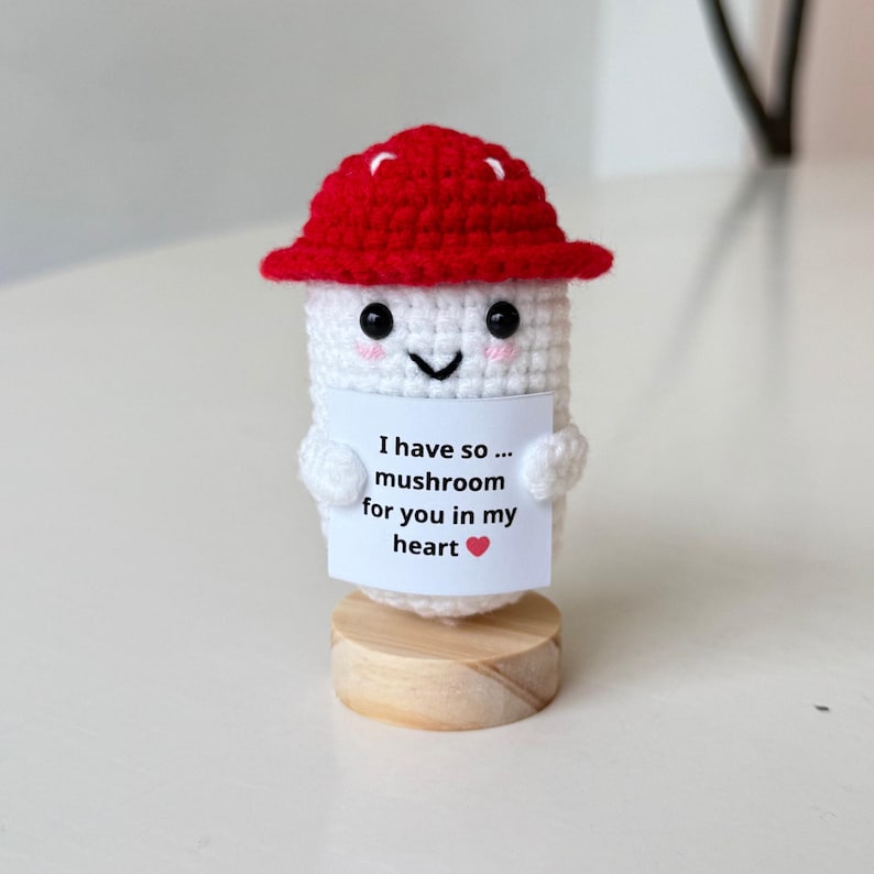 Positive Crochet Mushroom, Crochet Desk Buddy, Vegetable Supportive Motivation Gift, Birthday Gift, Coworker Gifts, Graduation Gift