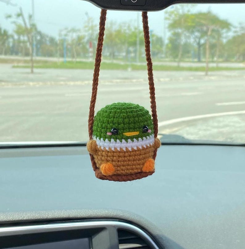 Cute Swinging Mallard Duck Car Mirror Hanging Accessories, Crochet Duckling Ornaments, New Car Gift, Gift For Him Her, Car Charm Decorations