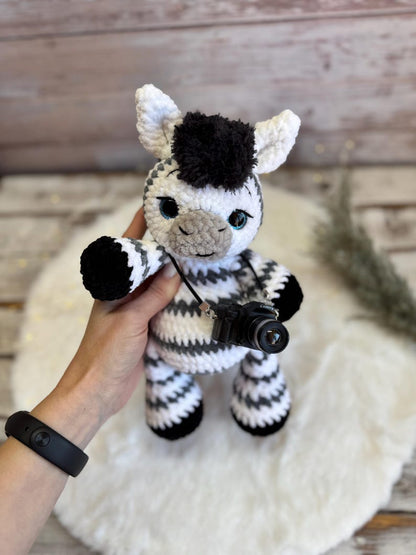 Crochet Zebra Decor, Handmade Zebra Keepsake with Camera, African Safari Decor, Wildlife Collectible, Zebra Lover Gift
