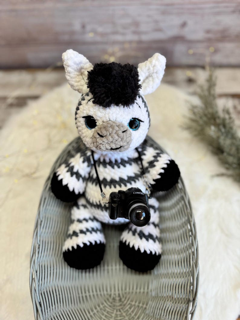 Crochet Zebra Decor, Handmade Zebra Keepsake with Camera, African Safari Decor, Wildlife Collectible, Zebra Lover Gift