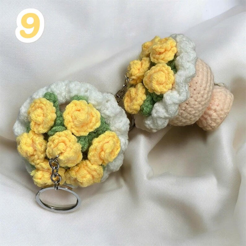 Crochet Rose Bouquet Keychain: Handmade Cotton Yarn Bag Charm