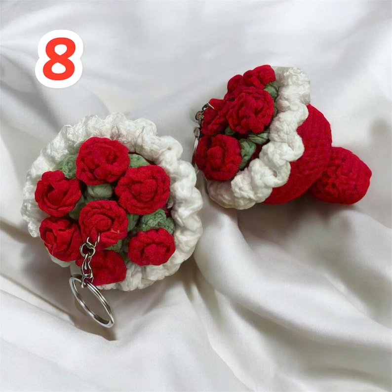 Crochet Rose Bouquet Keychain: Handmade Cotton Yarn Bag Charm