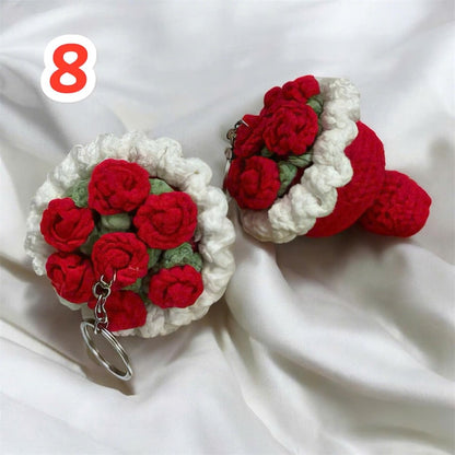 Crochet Rose Bouquet Keychain: Handmade Cotton Yarn Bag Charm