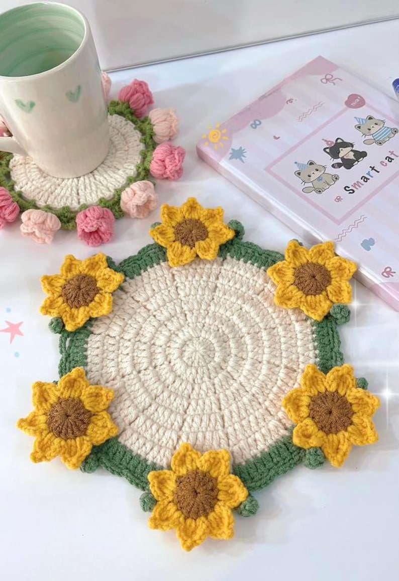 Handmade Crochet Flower Coaster, Crochet Flower Bouquet Blanket, Crochet Flower Bouquet, Mother's Day Gift, Crochet Coaster, Gift for Her