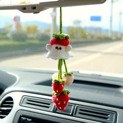 Crochet Ghost Car Mirror Hanging, Kawaii Strawberry & Mushroom Car Rearview Charm, Spooky Cute Halloween Car Accessories