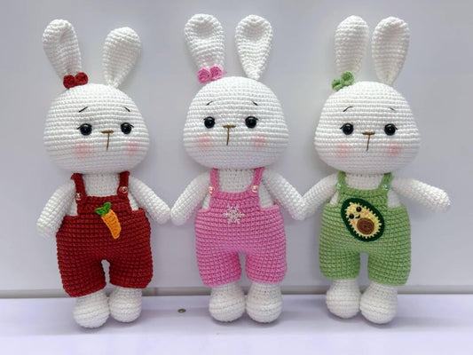 Crochet Bunny Plushie: Handmade Stuffed Toy in Overalls