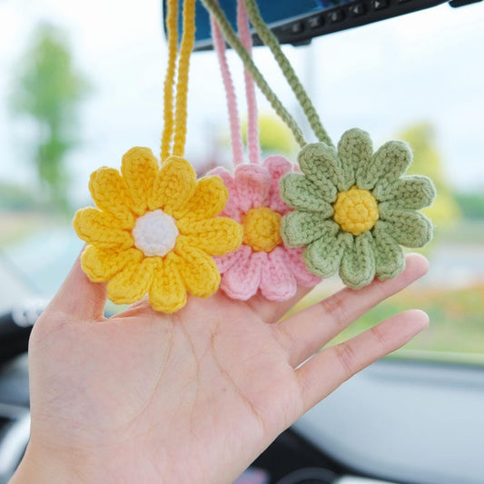 2Pcs Crochet Daisy Car Mirror Hanging Accessory, Boho Rear View Mirror Charm, Girly Car Interior Accessories for Women