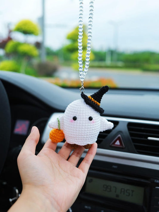 Crochet Ghost and Pumpkin Car Mirror Hanging Accessories, Halloween Car Rear View Mirror Ornament, Anime Car Interior Decor for Women/Teens