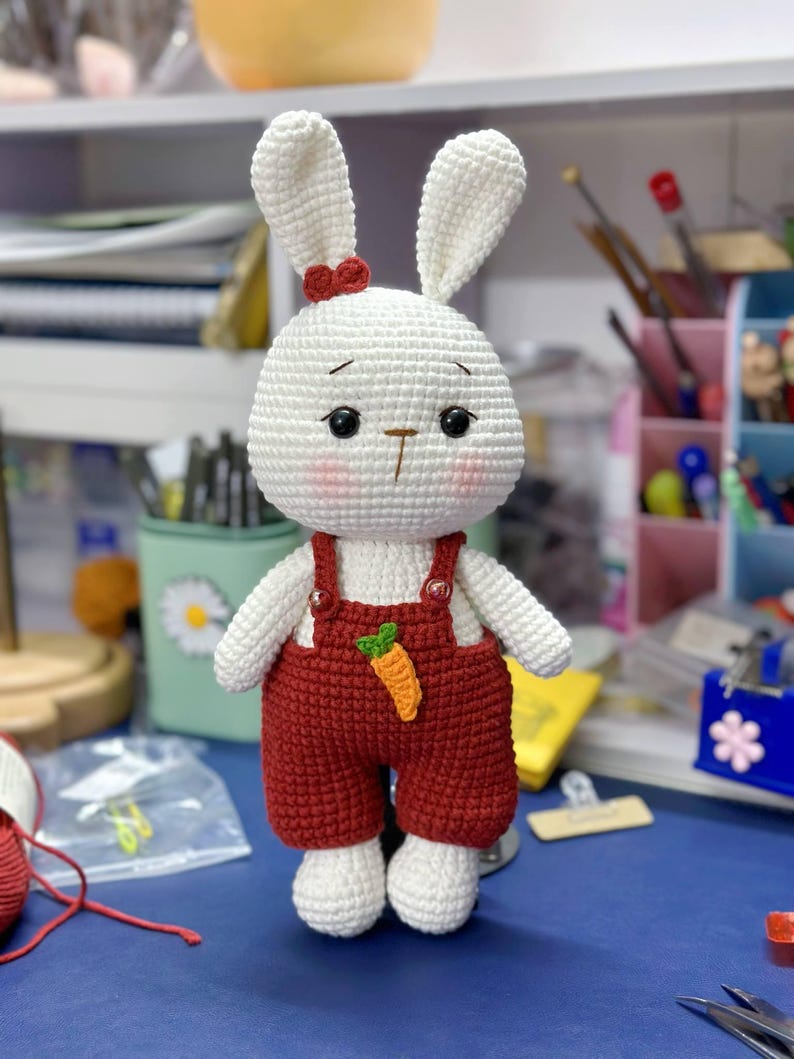 Crochet Bunny Plushie: Handmade Stuffed Toy in Overalls