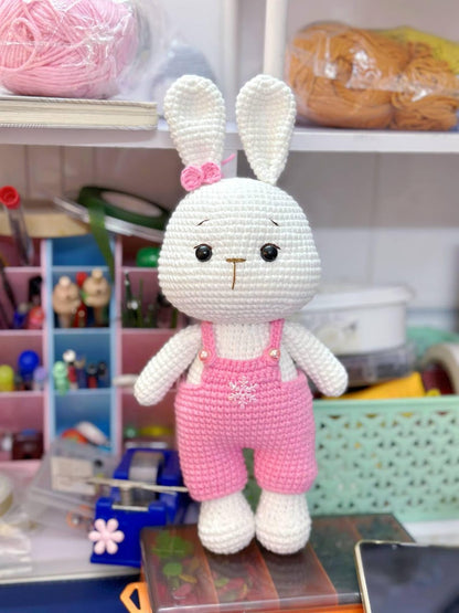 Crochet Bunny Plushie: Handmade Stuffed Toy in Overalls