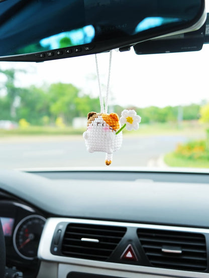 Crochet Cat Car Mirror Hanging Accessory, Kawaii Calico & Siamese Cat Rear View Mirror Charm, Crochet Cat Car Hanger for Women/Teens