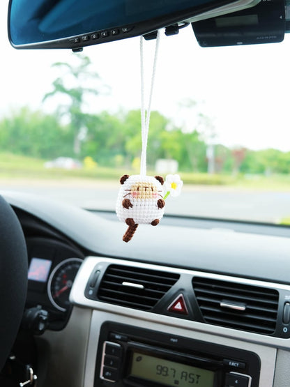 Crochet Cat Car Mirror Hanging Accessory, Kawaii Calico & Siamese Cat Rear View Mirror Charm, Crochet Cat Car Hanger for Women/Teens