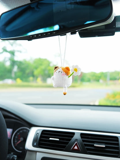 Crochet Cat Car Mirror Hanging Accessory, Kawaii Calico & Siamese Cat Rear View Mirror Charm, Crochet Cat Car Hanger for Women/Teens