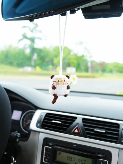 Crochet Cat Car Mirror Hanging Accessory, Kawaii Calico & Siamese Cat Rear View Mirror Charm, Crochet Cat Car Hanger for Women/Teens