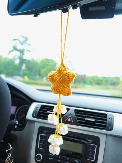 Crochet Star & Flower Car Mirror Hanging Accessories, Lily of the Valley Tassel Rear View Mirror Ornament, Car Interior Accessory for Women