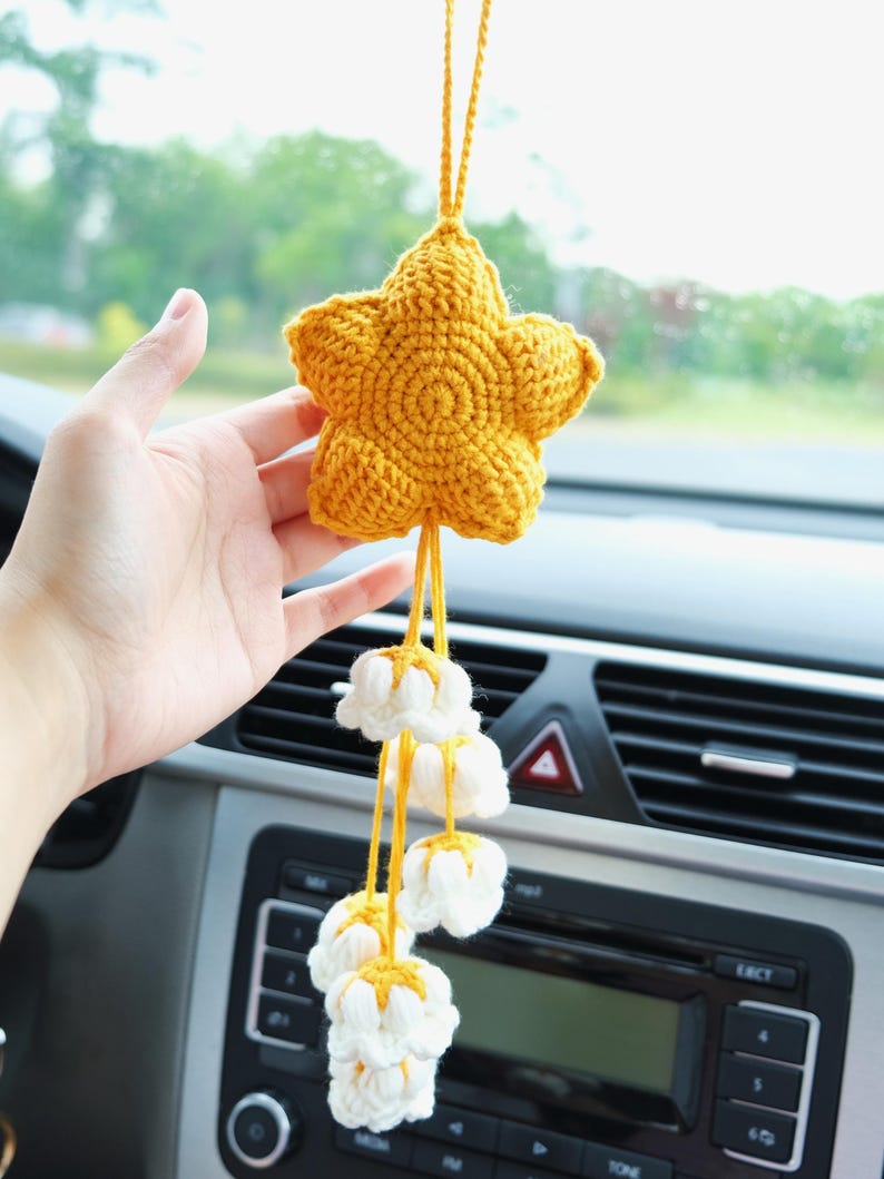 Crochet Star & Flower Car Mirror Hanging Accessories, Lily of the Valley Tassel Rear View Mirror Ornament, Car Interior Accessory for Women
