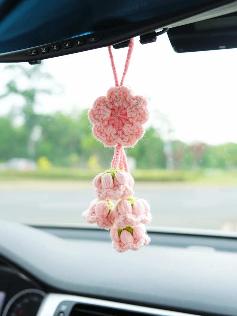 Crochet Sakura Car Mirror Hanging Accessory, Cherry Blossom & Lily of the Valley Tassel Car Rear View Mirror Accessory, Interior Car Decor