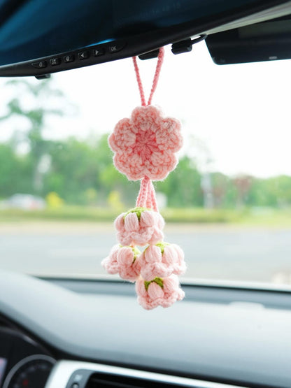 Crochet Sakura Car Mirror Hanging Accessory, Cherry Blossom & Lily of the Valley Tassel Car Rear View Mirror Accessory, Interior Car Decor