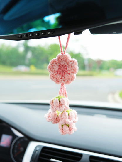 Crochet Sakura Car Mirror Hanging Accessory, Cherry Blossom & Lily of the Valley Tassel Car Rear View Mirror Accessory, Interior Car Decor