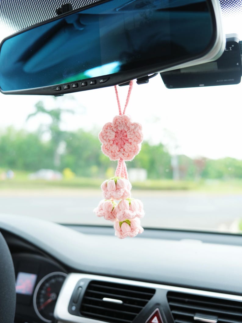 Crochet Sakura Car Mirror Hanging Accessory, Cherry Blossom & Lily of the Valley Tassel Car Rear View Mirror Accessory, Interior Car Decor