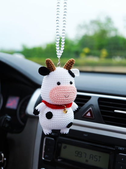 Crochet Cow Car Mirror Hanging Accessory, Cute Smiley Cow Car Rear View Mirror Accessory, Interior Car Accessory for Women/Teens/Couple