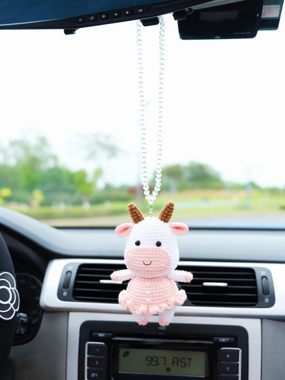 Crochet Cow Car Mirror Hanging Accessory, Cute Smiley Cow Car Rear View Mirror Accessory, Interior Car Accessory for Women/Teens/Couple