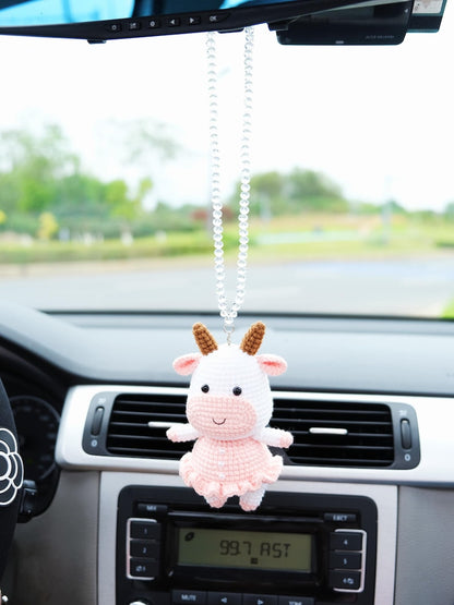 Crochet Cow Car Mirror Hanging Accessory, Cute Smiley Cow Car Rear View Mirror Accessory, Interior Car Accessory for Women/Teens/Couple