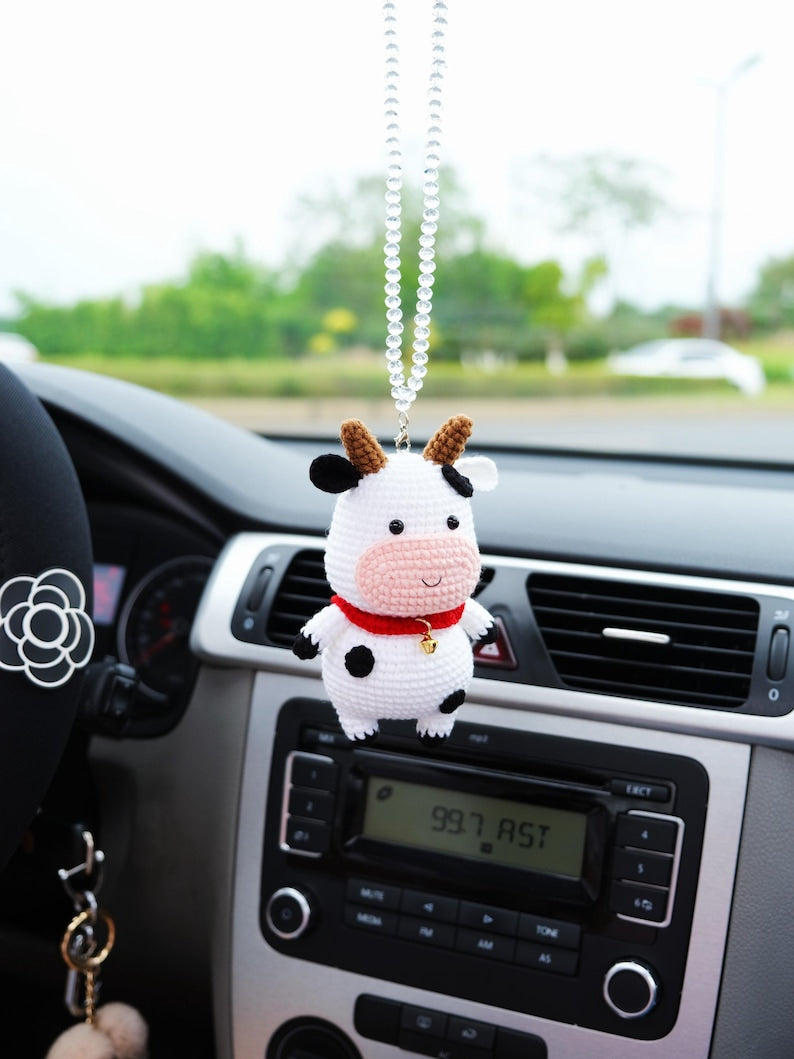 Crochet Cow Car Mirror Hanging Accessory, Cute Smiley Cow Car Rear View Mirror Accessory, Interior Car Accessory for Women/Teens/Couple