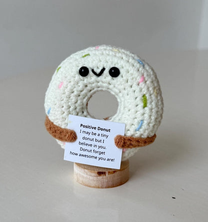 Funny Positive Donut, Knitted Donut With Positive Card, Cute Wool Inspirational Donut Crochet Food Doll Cheer Up Gifts, Birthday Gift