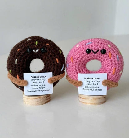 Funny Positive Donut, Knitted Donut With Positive Card, Cute Wool Inspirational Donut Crochet Food Doll Cheer Up Gifts, Birthday Gift