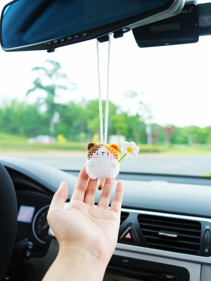 Crochet Cat Car Mirror Hanging Accessory, Kawaii Calico & Siamese Cat Rear View Mirror Charm, Crochet Cat Car Hanger for Women/Teens