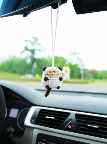 Crochet Cat Car Mirror Hanging Accessory, Kawaii Calico & Siamese Cat Rear View Mirror Charm, Crochet Cat Car Hanger for Women/Teens