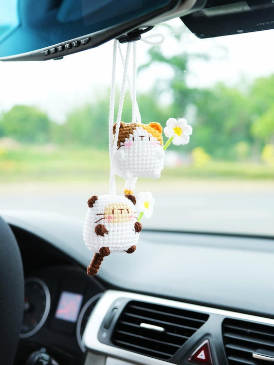 Crochet Cat Car Mirror Hanging Accessory, Kawaii Calico & Siamese Cat Rear View Mirror Charm, Crochet Cat Car Hanger for Women/Teens