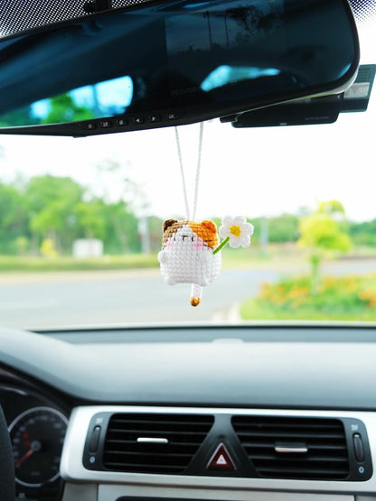 Crochet Cat Car Mirror Hanging Accessory, Kawaii Calico & Siamese Cat Rear View Mirror Charm, Crochet Cat Car Hanger for Women/Teens