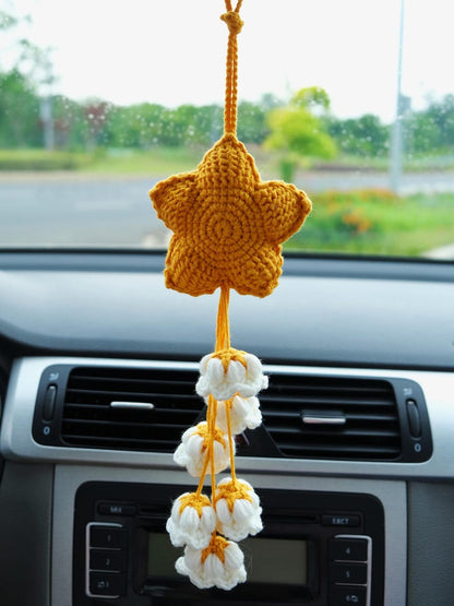 Crochet Star & Flower Car Mirror Hanging Accessories, Lily of the Valley Tassel Rear View Mirror Ornament, Car Interior Accessory for Women