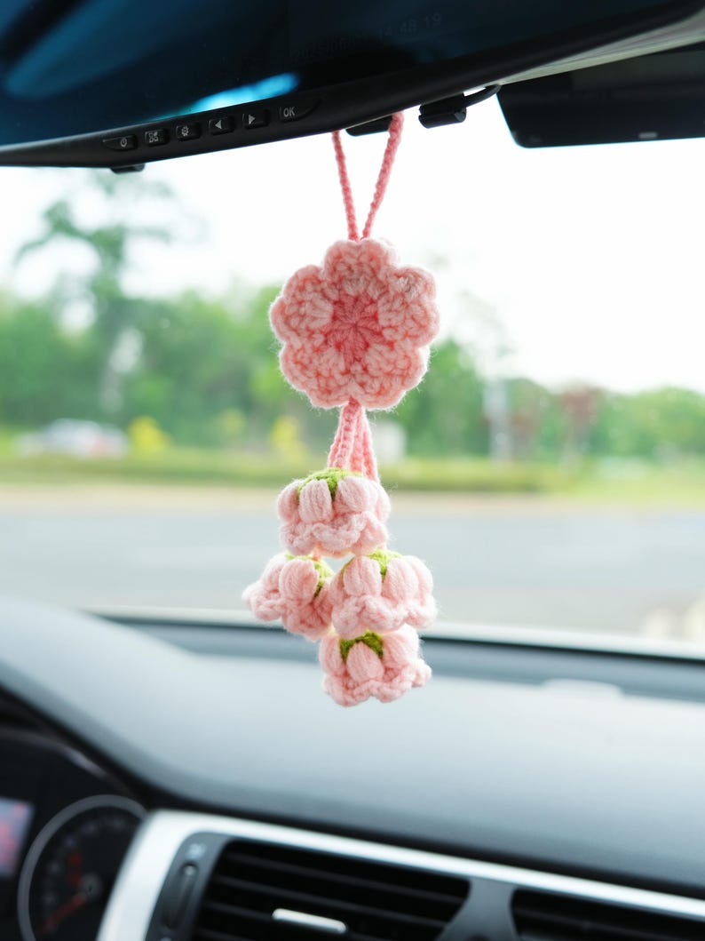 Crochet Sakura Car Mirror Hanging Accessory, Cherry Blossom & Lily of the Valley Tassel Car Rear View Mirror Accessory, Interior Car Decor