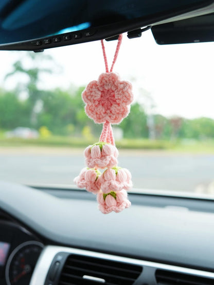Crochet Sakura Car Mirror Hanging Accessory, Cherry Blossom & Lily of the Valley Tassel Car Rear View Mirror Accessory, Interior Car Decor