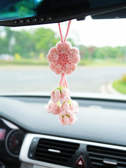 Crochet Sakura Car Mirror Hanging Accessory, Cherry Blossom & Lily of the Valley Tassel Car Rear View Mirror Accessory, Interior Car Decor