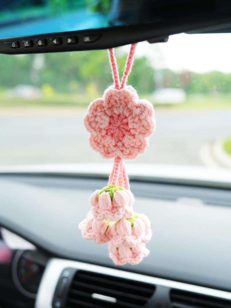 Crochet Sakura Car Mirror Hanging Accessory, Cherry Blossom & Lily of the Valley Tassel Car Rear View Mirror Accessory, Interior Car Decor