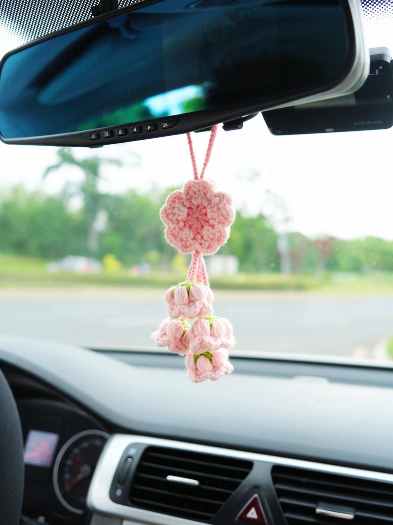 Crochet Sakura Car Mirror Hanging Accessory, Cherry Blossom & Lily of the Valley Tassel Car Rear View Mirror Accessory, Interior Car Decor