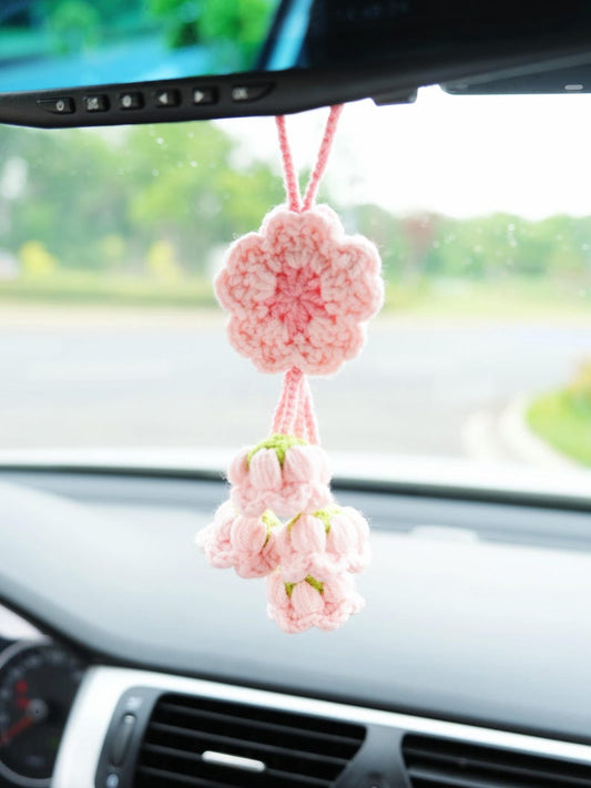 Crochet Sakura Car Mirror Hanging Accessory, Cherry Blossom & Lily of the Valley Tassel Car Rear View Mirror Accessory, Interior Car Decor