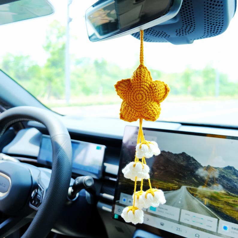 Crochet Star & Flower Car Mirror Hanging Accessories, Lily of the Valley Tassel Rear View Mirror Ornament, Car Interior Accessory for Women